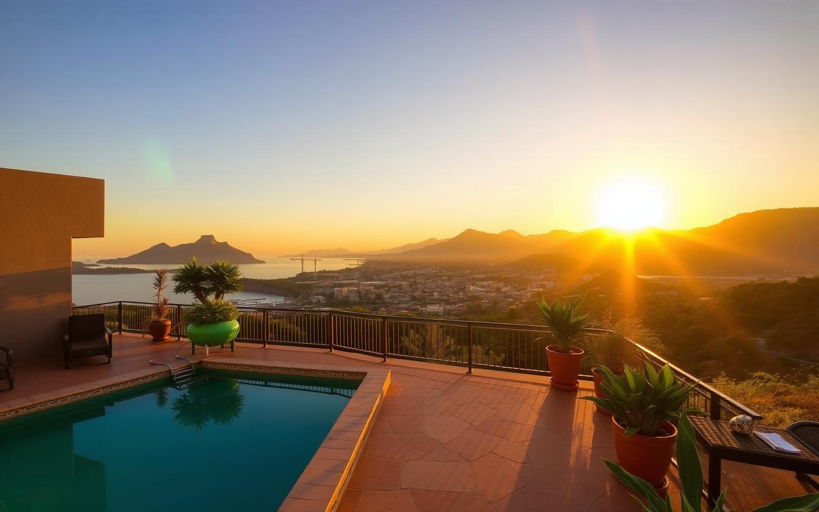 Guest house terrace overlooking a coastal city at sunset